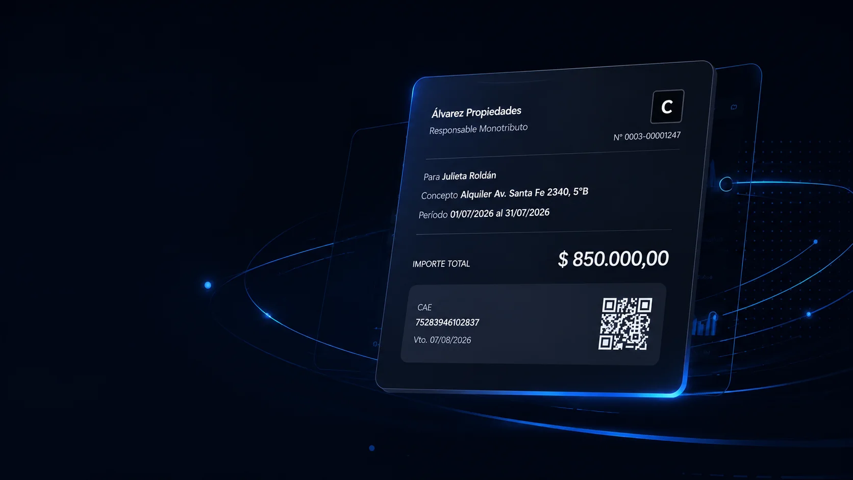 Factura C emitida por FA Rent con CAE y QR de ARCA